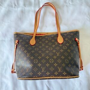 Louis Vuitton Monogram Canvas Tote with Tan Leather and Red Trim